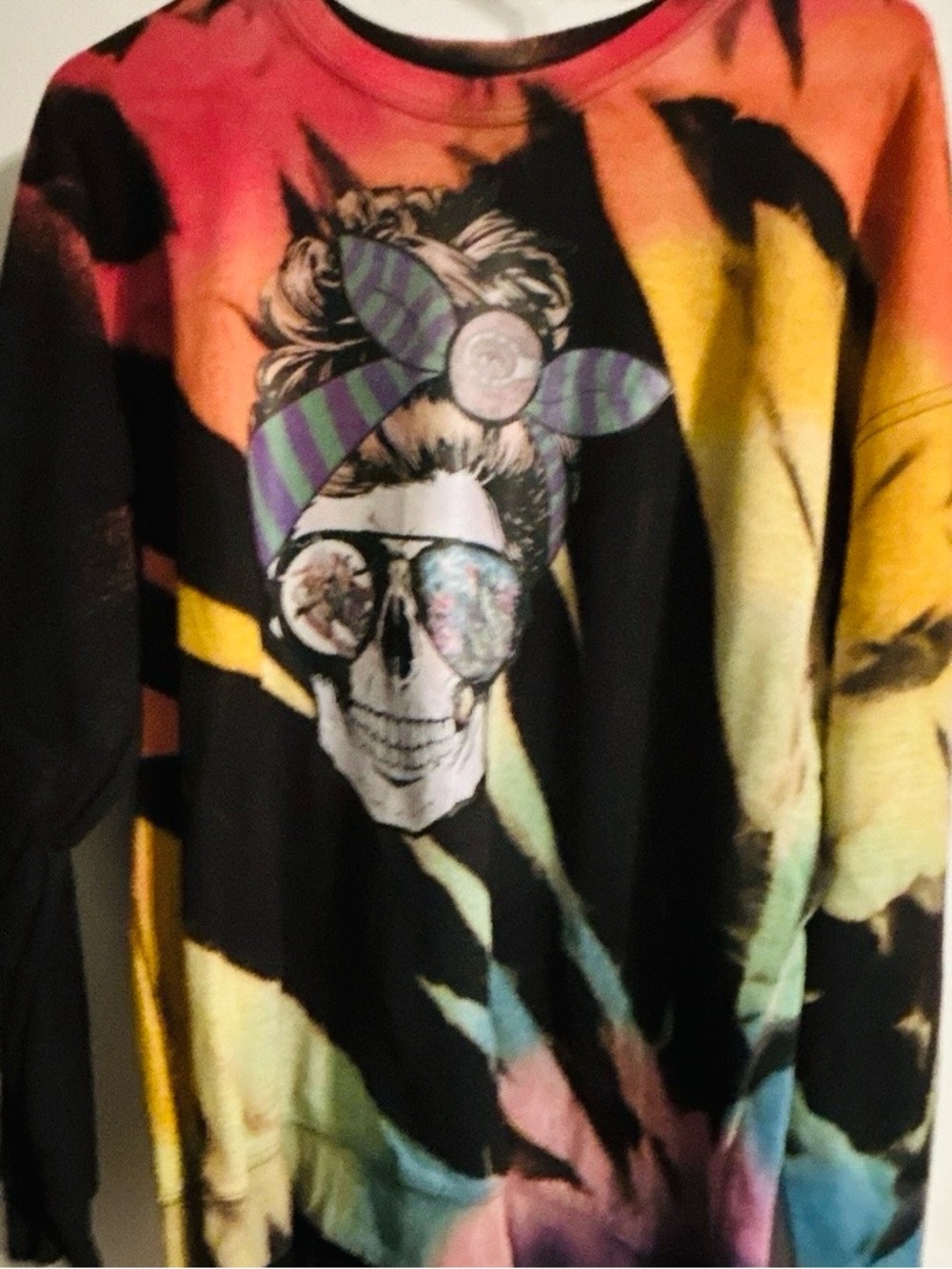 Halloween Women’s Tie-Dye Skull Graphic Long Sleeve Sweatshirt- Black Multicolor